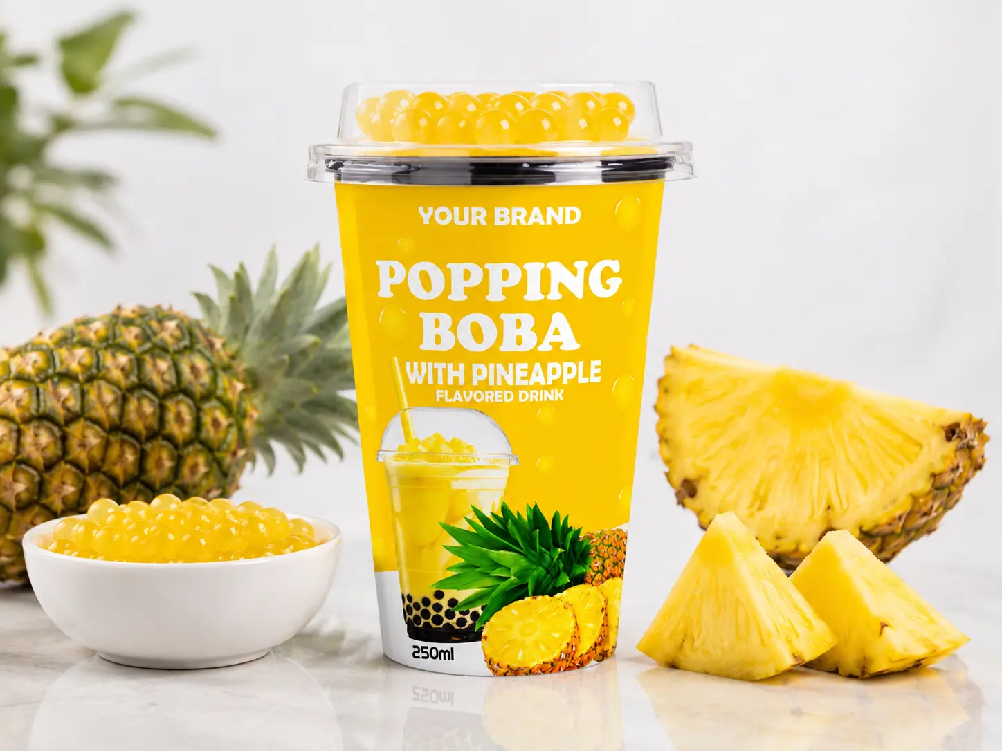 BUBBLE TEA pineapple popping boba flavored drink in a 250ml cup.